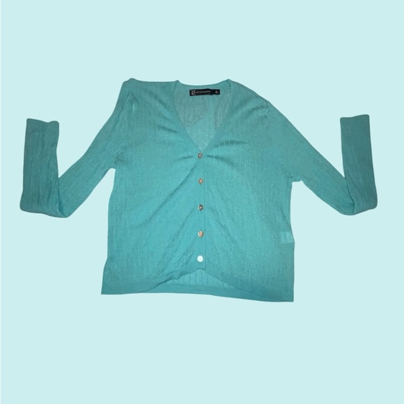 New York & Company V neck Ribbed Mint and Lavender Cardigan - Picture 5 of 12